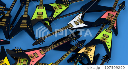 Heap of electric guitars isolated on blue background. 107509290