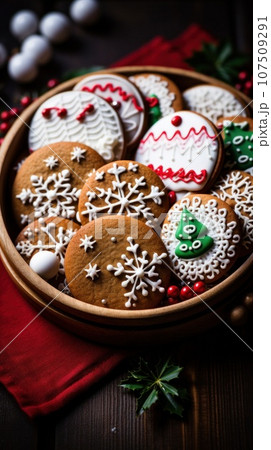 Close-up of a tray of beautifully decorated Christmas cookies 107509291