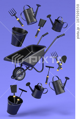 Garden wheelbarrow with garden tools like shovel, rake and fork on violet Garden wheelbarrow with garden tools like shovel, rake and fork on violet 107509350
