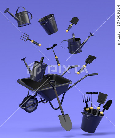 Garden wheelbarrow with garden tools like shovel, rake and fork on violet 107509354
