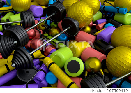 Pile of sport equipment like kettlebell, fitness ball, barbell and yoga mat Pile of sport equipment like kettlebell, fitness ball, barbell and yoga mat 107509419