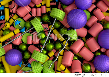 Pile of sport equipment like kettlebell, fitness ball, barbell and yoga mat Pile of sport equipment like kettlebell, fitness ball, barbell and yoga mat 107509420