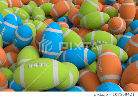 Many of flying multicolor american football ball falling on white background 107509421