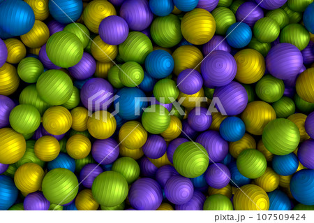 Pile of multicolor fitness ball or fitball falling on white background Pile of multicolor fitness ball or fitball falling on white background 107509424