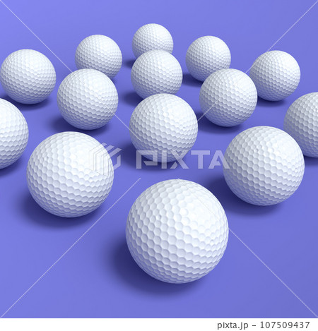 Set of golf ball lying in row on violet background Set of golf ball lying in row on violet background 107509437