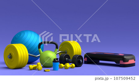 Isometric view of sport equipment like kettlebell, fitness ball and yoga mat 107509452