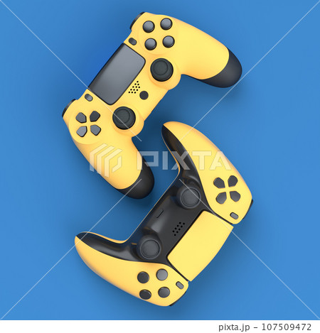 Set of lying gamer joysticks or gamepads on blue background 107509472