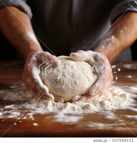 Flour-covered hands forming dough into perfect round shapes 107509531