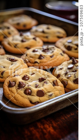 Delicious chocolate chip cookies fresh from the oven on a tray Delicious chocolate chip cookies fresh from the oven on a tray 107509683