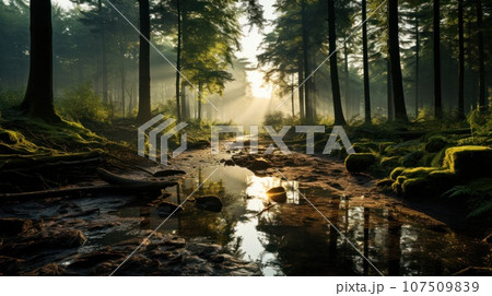 Moody forest landscape with light beams filtering through trees Moody forest landscape with light beams filtering through trees 107509839