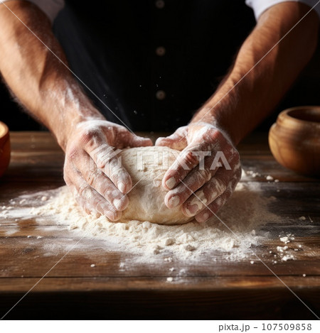 Flour-covered hands forming dough into perfect round shapes Flour-covered hands forming dough into perfect round shapes 107509858