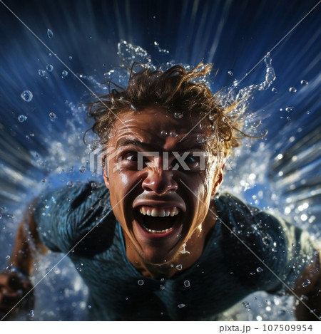 Energetic shot of a swimmer racing through the water like a torped Energetic shot of a swimmer racing through the water like a torped 107509954