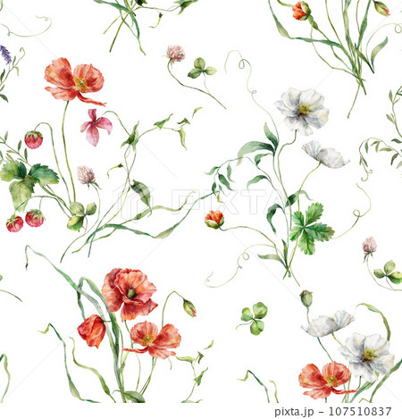 Watercolor meadow flowers seamless pattern of...のイラスト素材 [107510837] - PIXTA
