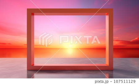 Sunset Creative Abstract Geometric Frame. Textured photorealistic mount. Abstract Bright Surface Geometrical Horizontal Background. Ai Generated Photo frame with copy space. 107511129