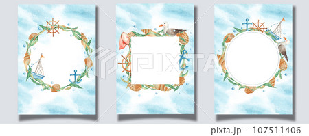 Set of cards templates with cute watercolor ship, boat, wooden steering wheel, seaweeds, seashells, nautical anchor, orange net, sea gull and water bubbles, blue watercolor splashes. Marine design 107511406