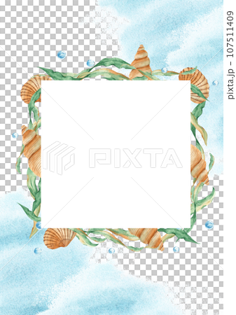 Sea card template with sea square frame, seaweeds, seashells and water bubbles, blue watercolor splashes. Marine design. Hand drawn watercolor illustration. For save the date, greeting children Sea card template with sea square frame, seaweeds, seashells and water bubbles, blue watercolor splashes. Marine design. Hand drawn watercolor illustration. For save the date, greeting children 107511409