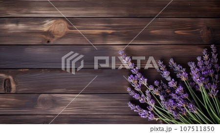 Aromatic Lavender Herbs Photorealistic Horizontal Background. Healthy Vegetarian Diet. Ai Generated Background with Delicious Aromatic Lavender Herbs On Wooden Countertop with Copy Space. 107511850