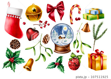 Watercolor big christmas set. Including fir branch, pine cones, mistletoe, stocking for presents, poinsettia and other illustrations isolated on white background. For designers, decoration, shop, for Watercolor big christmas set. Including fir branch, pine cones, mistletoe, stocking for presents, poinsettia and other illustrations isolated on white background. For designers, decoration, shop, for 107511925