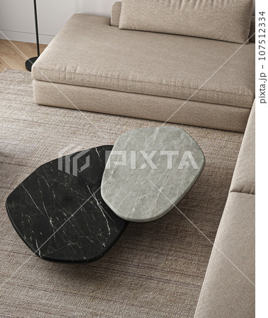 Interior design close up with two round stone table and sofa background. 3d rendering. High quality 3d illustration Interior design close up with two round stone table and sofa background. 3d rendering. High quality 3d illustration 107512334