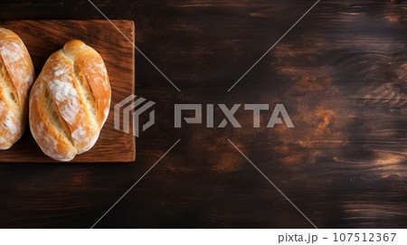 Freshly Baked Ciabatta Bread Photorealistic Horizontal Background. Crusty Pastry, Gourmet Bakery. Ai Generated Background with Aromatic Traditional Ciabatta Bread On Wooden Countertop with Copy Space. 107512367