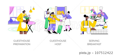 Bed and Breakfast business isolated cartoon vector illustrations set. Guesthouse owner preparing a room for tourists, host welcoming a guests, serving breakfast to travelers vector cartoon. 107512422