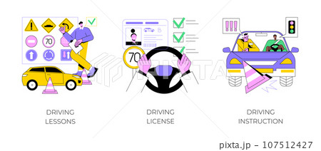 Driving school abstract concept vector illustration set. Driving lessons and instruction, driving license, passing test, ID card, international permit, exam preparation, certificate abstract metaphor. 107512427