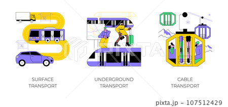 Public transport abstract concept vector illustration set. Surface, underground and cable transport, road and highway, trolleybus, bus stop, subway train station, passenger traffic abstract metaphor. Public transport abstract concept vector illustration set. Surface, underground and cable transport, road and highway, trolleybus, bus stop, subway train station, passenger traffic abstract metaphor. 107512429