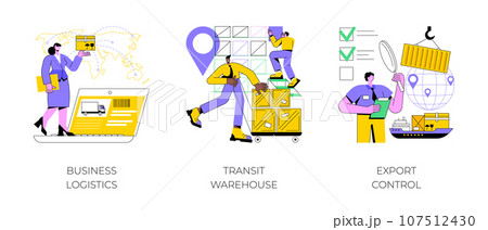 Smart logistics technologies abstract concept vector illustration set. Business logistics, transit warehouse, export control, business transportation, goods transfer, shipping abstract metaphor. 107512430