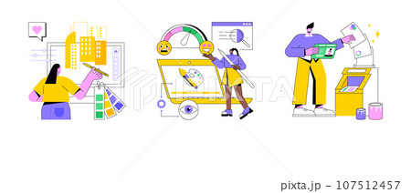 Design services abstract concept vector illustration set. Graphic and print design, emotional engagement, landing web page, freelance illustrator, user experience, business card abstract metaphor. Design services abstract concept vector illustration set. Graphic and print design, emotional engagement, landing web page, freelance illustrator, user experience, business card abstract metaphor. 107512457