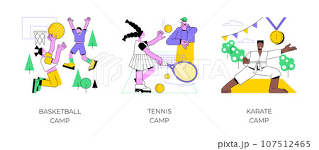 Youth summer holiday abstract concept vector illustration set. Basketball and tennis summer camps, karate vacation program, martial arts, physical activity, sport academy, training abstract metaphor. Youth summer holiday abstract concept vector illustration set. Basketball and tennis summer camps, karate vacation program, martial arts, physical activity, sport academy, training abstract metaphor. 107512465