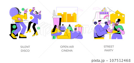 City enternainment abstract concept vector illustration set. Silent disco, open air cinema, street party, club event, DJ set streaming, movie theater, buy ticket online, outdoor fun abstract metaphor. 107512468