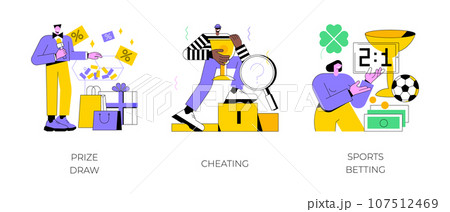 Bookmaker market abstract concept vector illustration set. Prize draw, cheating, sports betting mobile app, computer games, online e-sport gambling, winner strategy, competition abstract metaphor. Bookmaker market abstract concept vector illustration set. Prize draw, cheating, sports betting mobile app, computer games, online e-sport gambling, winner strategy, competition abstract metaphor. 107512469