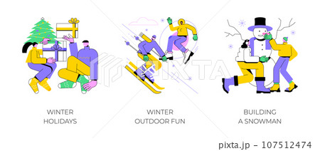Winter entertainment abstract concept vector illustration set. Winter holidays, outdoor fun, building a snowman, Christmas eve, snowball fight, sledding, ski resort vacation abstract metaphor. 107512474
