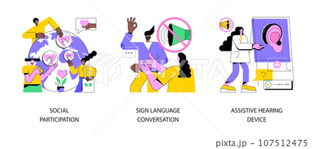 Social engagement abstract concept vector illustration set. Social participation, sign language conversation, assistive hearing device, hand alphabet, deaf people, gesture language abstract metaphor. Social engagement abstract concept vector illustration set. Social participation, sign language conversation, assistive hearing device, hand alphabet, deaf people, gesture language abstract metaphor. 107512475