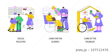 Social services work abstract concept vector illustration set. Social facilities, care for the elderly and disabled people, health care, retired people, nursing home, wheelchair abstract metaphor. 107512478