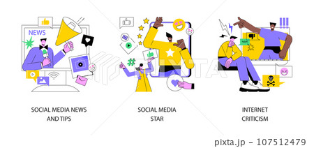 Digital content abstract concept vector illustration set. Social media news and tips, influencer, internet criticism, personal blog, hate speech, comments and share, fake profile abstract metaphor. 107512479