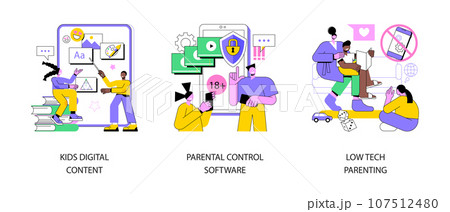 Children media access abstract concept vector illustration set. Kids digital content, parental control software, low tech parenting, screen time, gadget-free parenting, online apps abstract metaphor. 107512480