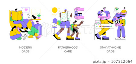 Parenthood abstract concept vector illustration set. Modern dads, fatherhood care, stay-at-home dads, happy kid family, fathers day, breadwinner mom, parental leave, domestic work abstract metaphor. Parenthood abstract concept vector illustration set. Modern dads, fatherhood care, stay-at-home dads, happy kid family, fathers day, breadwinner mom, parental leave, domestic work abstract metaphor. 107512664