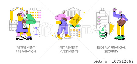 Retirement financial planning abstract concept vector illustration set. Retirement preparation, investments and elderly financial security, retiree budget, pension account, seniors abstract metaphor. 107512668
