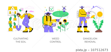 Garden protection abstract concept vector illustration set. Cultivating the soil, weed and pest control, dandelion removal, herbicide and pesticide, grass seed, weed-free lawn abstract metaphor. 107512673