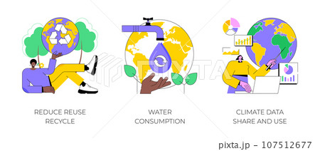 Save the planet abstract concept vector illustration set. Reduce Reuse Recycle, water consumption, climate data share and use, upcycling program, weather forecast, overconsumption abstract metaphor. 107512677