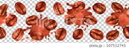 Seamless border of coffee beans with spots. Aroma of Robusta and Arabica varieties. Coffee day. Cappuccino, mocha, espresso, chocolate ingredient. Natural aromatic drink. Hand drawn isolated art Seamless border of coffee beans with spots. Aroma of Robusta and Arabica varieties. Coffee day. Cappuccino, mocha, espresso, chocolate ingredient. Natural aromatic drink. Hand drawn isolated art 107512743