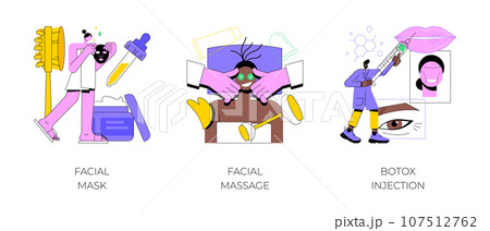 Professional skincare abstract concept vector illustration set. Facial mask and massage, botox injection, face and neck lifting, skin beauty, cosmetology clinic, anti-age treatment abstract metaphor. 107512762