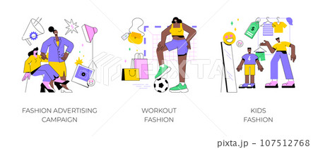 Fashion advertising campaign abstract concept vector illustration set. Plus size models, workout and kids fashion, body positive, sportswear brand, baby style, model agency abstract metaphor. 107512768