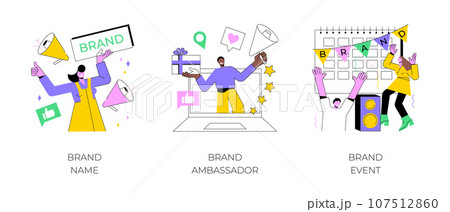 Business reputation building abstract concept vector illustration set. Brand name, brand event ambassador, naming agency, trademark media figure, public relation, sponsored event abstract metaphor. Business reputation building abstract concept vector illustration set. Brand name, brand event ambassador, naming agency, trademark media figure, public relation, sponsored event abstract metaphor. 107512860