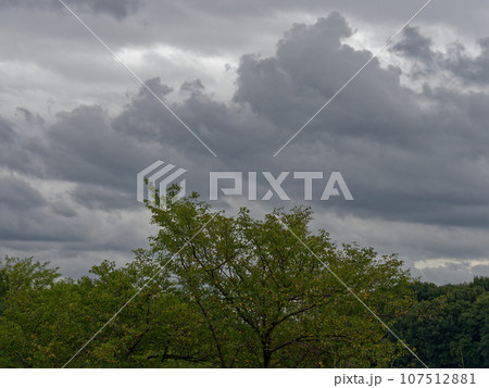 乱層雲の雲間から差し込む太陽光線 107512881