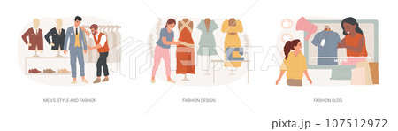 Style and beauty expert isolated concept vector illustration set. Fashion design, men style, fashion blog, shopping sprees, beauty trends, casual clothing, brand promotion vector concept. Style and beauty expert isolated concept vector illustration set. Fashion design, men style, fashion blog, shopping sprees, beauty trends, casual clothing, brand promotion vector concept. 107512972