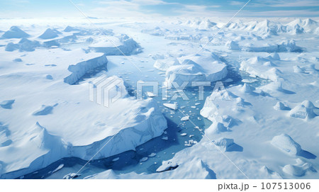 Aerial view of Antarctica, scenery of ice, snow and water in ocean 107513006