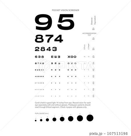 Rosenbaum Pocket Vision Screener Eye Test Chart medical illustration with numbers. Line vector style outline isolated 107513198