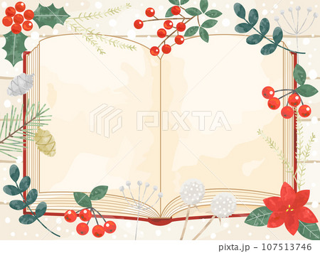 雪と植物と本を組み合わせた冬の読書をイメージしたイラスト 107513746